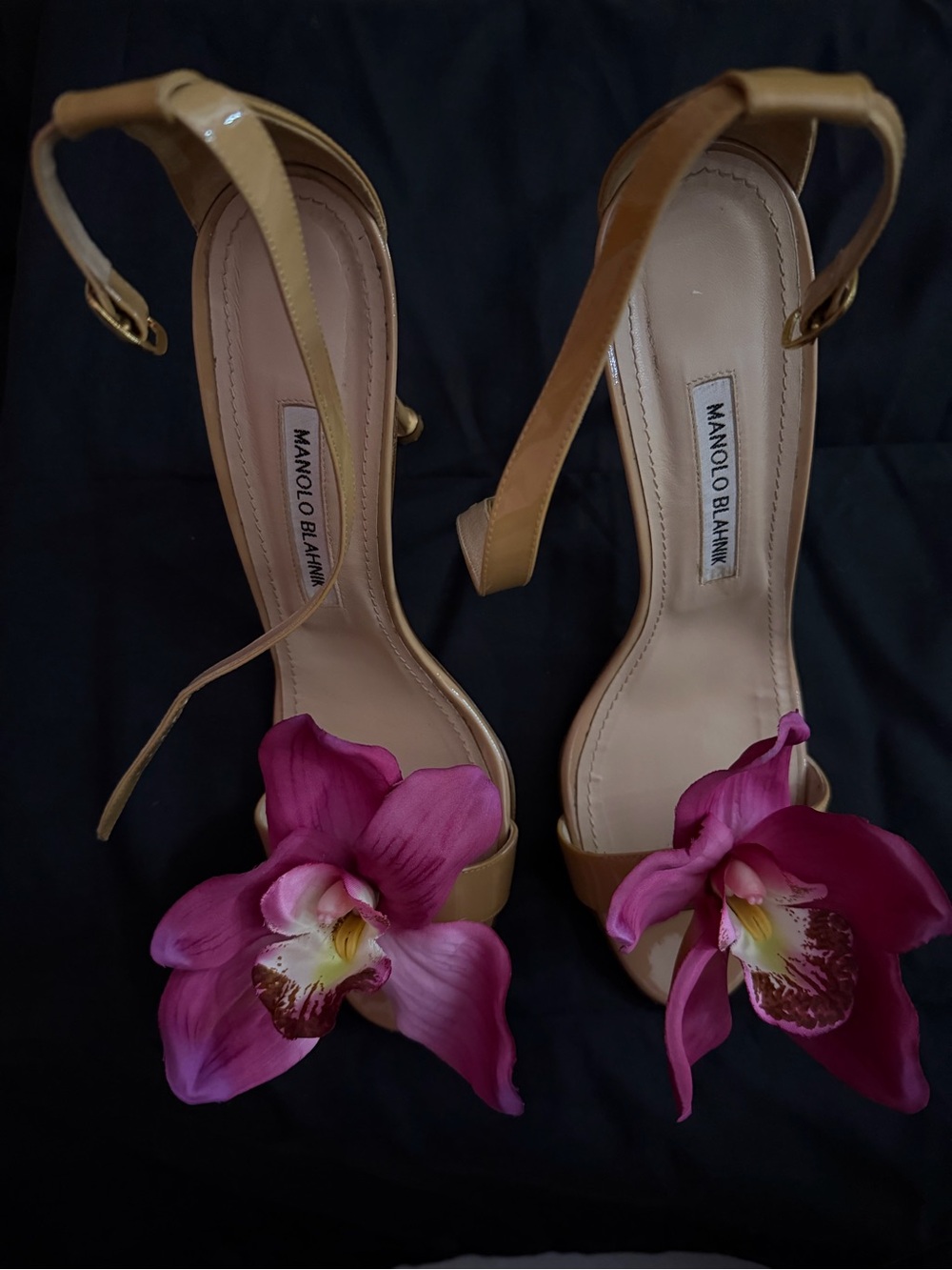 Manolo Blahnik Beige Strappy Sandals with Pink Orchid Detail